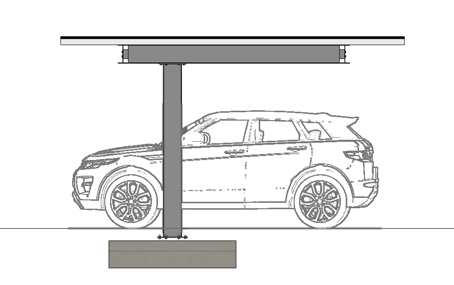 Cantilever elevation: single column with outlined car parked clear beneath the solar roof
