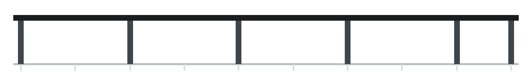 Post and beam: five open spans across a nine-bay run