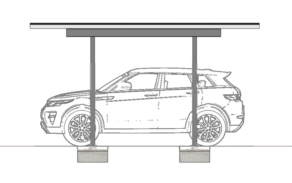 Post and beam elevation: columns front and back, outlined car parked clear beneath the solar roof