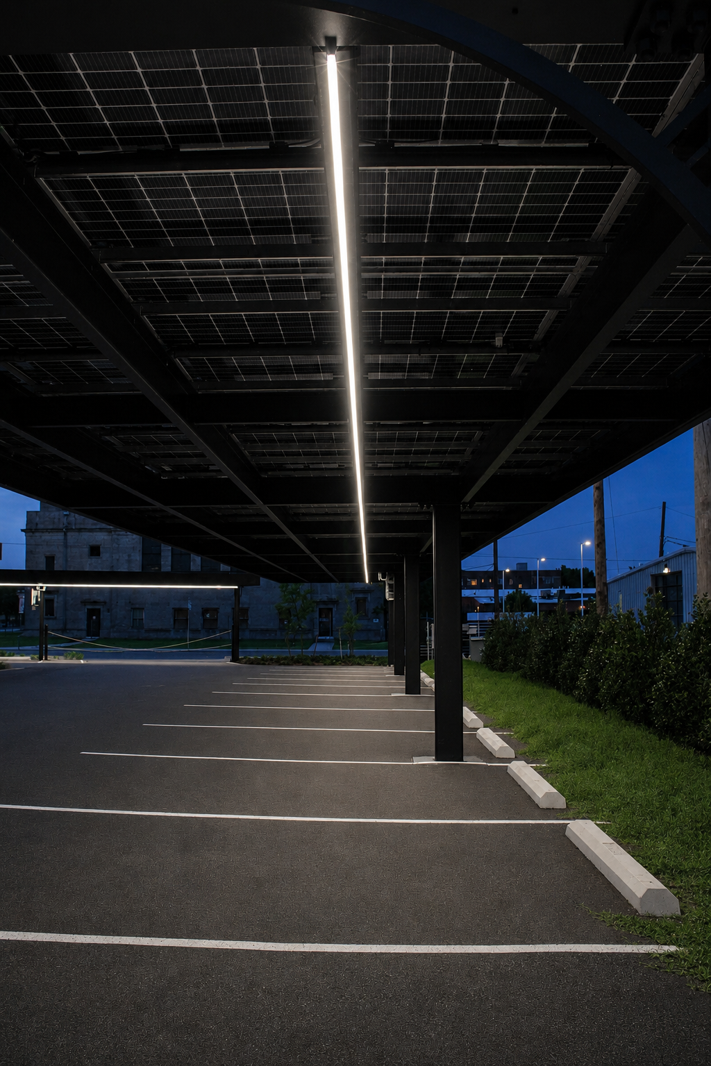 Linear LED fixture running down the center beam of a solar carport at dusk