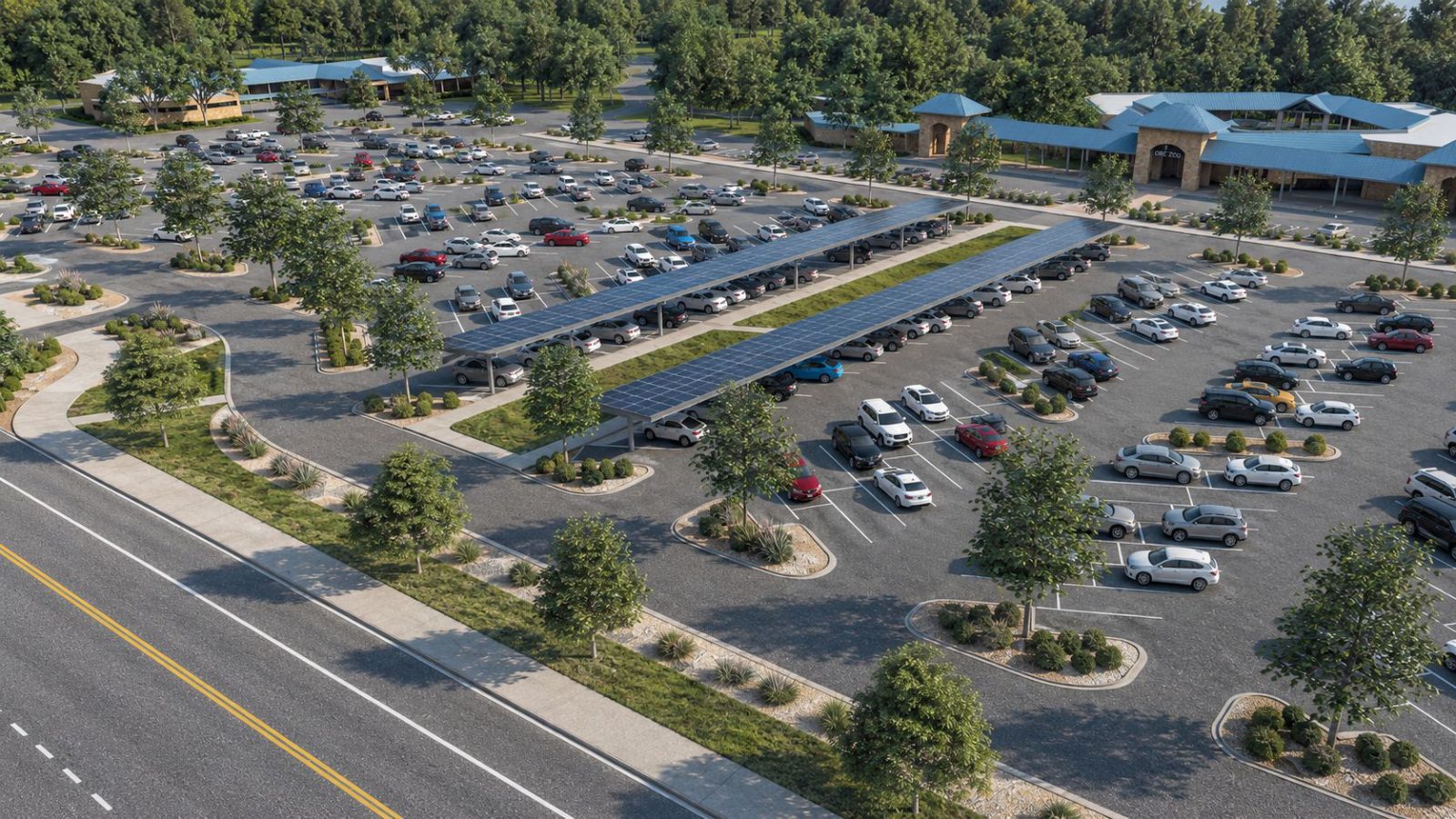 Aerial view of a solar carport running down the center of a large commercial parking lot